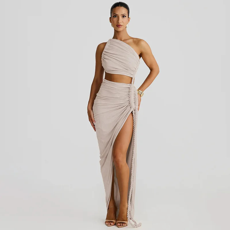 Women's Off-shoulder Thigh High Split Maxi Strapless Sleeveless Ruched Bodycon Party Dress