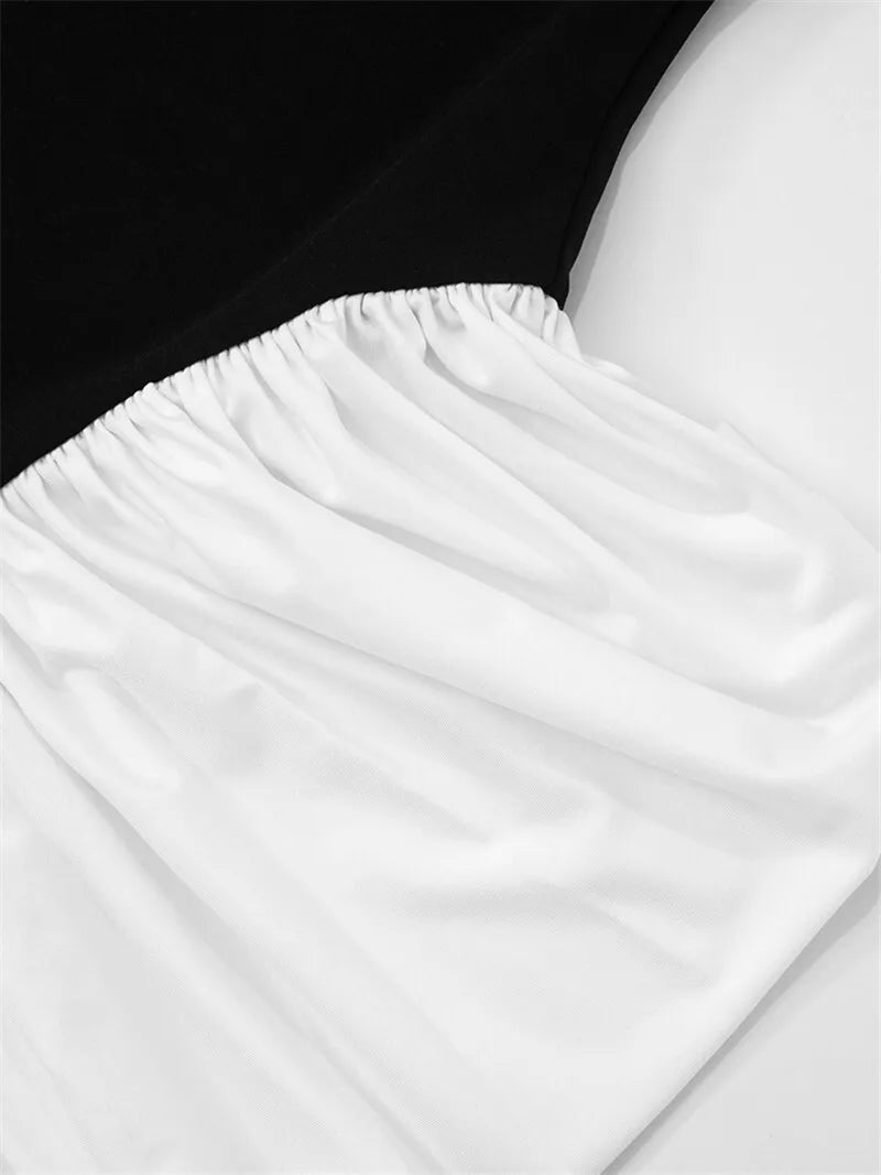 Women's Patchwork Halter Backless Midi  Contrast Color Sleeveless Pleated Long Dress