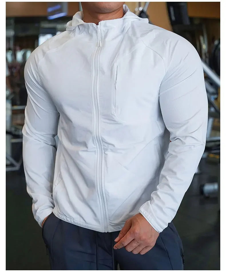 Men's Nylon Sport Coat Gym Fitness Hoodies Outdoor Workout Tops Hooded Training Running Zipped Jacket