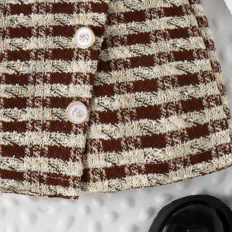 0-4Y Kids Girls Long Sleeve Bowknot Top Buttons Plaid Print A-Line Skirt