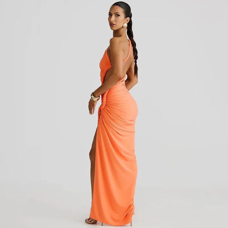 Women's Off-shoulder Thigh High Split Maxi Strapless Sleeveless Ruched Bodycon Party Dress