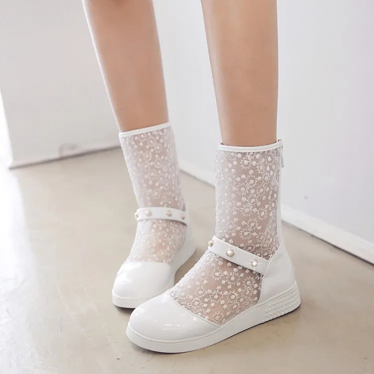 Women's Leather Splicing Mesh Pearl Metal Decoration Zipper Ankle Boots