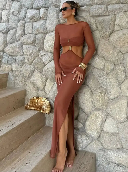 Women's Cut out Dress with Bikini 3 Pcs Long Sleeve Cover Up Lace Up Slit Long Summer Beach Dress