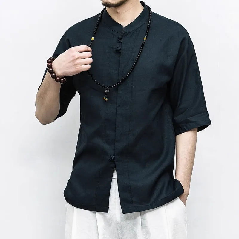 Men's Summer Loose Casual Cotton Linen Half Sleeve Chinese Style Stand Collar Shirt