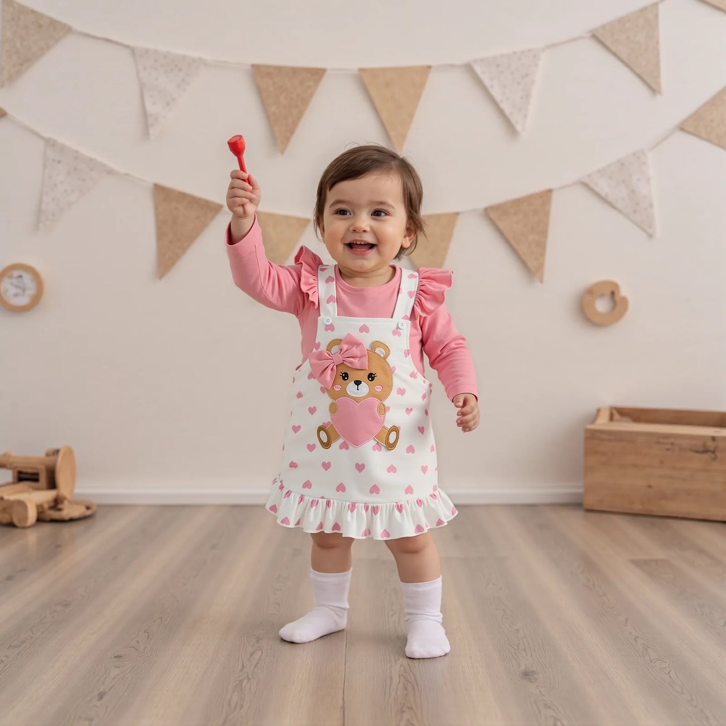 Baby Girls Bear Embroidered Dress Set with Bow Headband (0-18M)