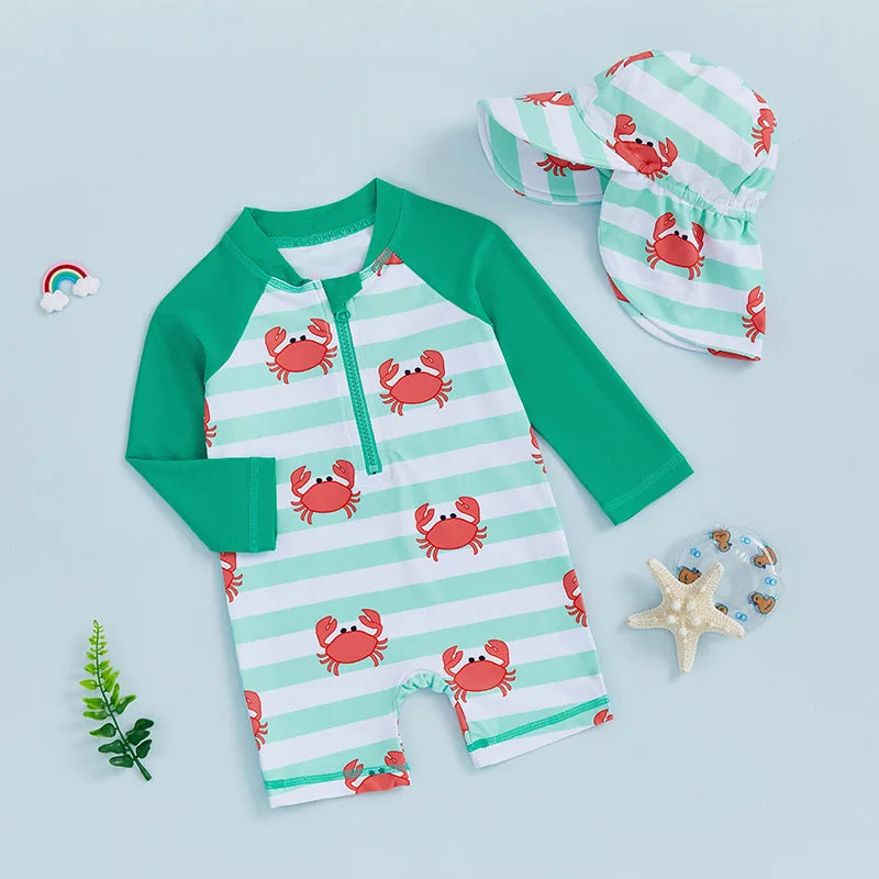 0-4Y Toddler Kids Boys Swimwear Summer Crab Stripe Print Zipper Rash Guard Swimsuit and Hat Beachwear
