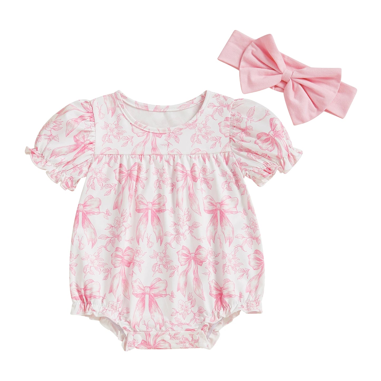 Baby Girls Bow Print Romper with Headband Set (0-18M)