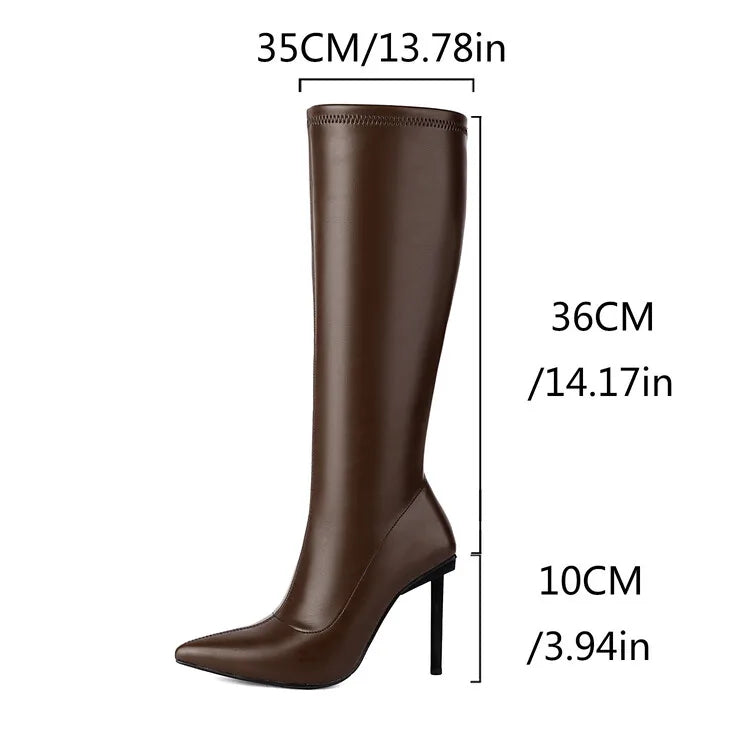 Women's Text Art High Heel Boots Elastic Leather Side Zipper Pointed Knee Boots 8cm/10cm Thin Heel Shoes