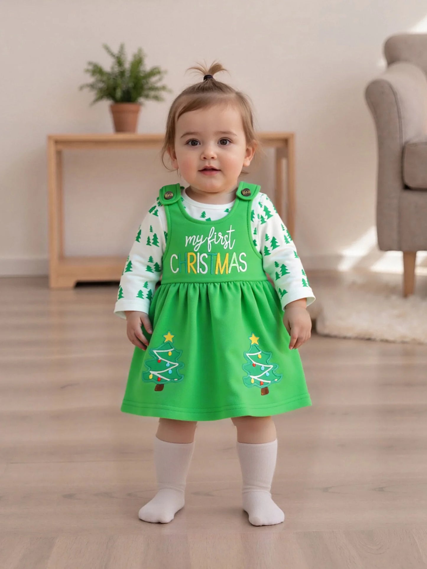 Baby Girls Christmas Clothes Set - Xmas Tree Print Long Sleeve Romper & Letter Embroidery Sleeveless Dress