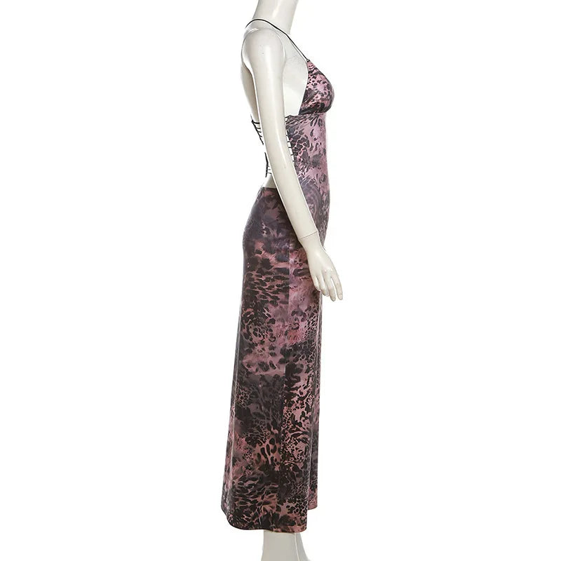 Women's Maxi Backless Butterfly Print Sleeveless Thin Line Summer Party Dress