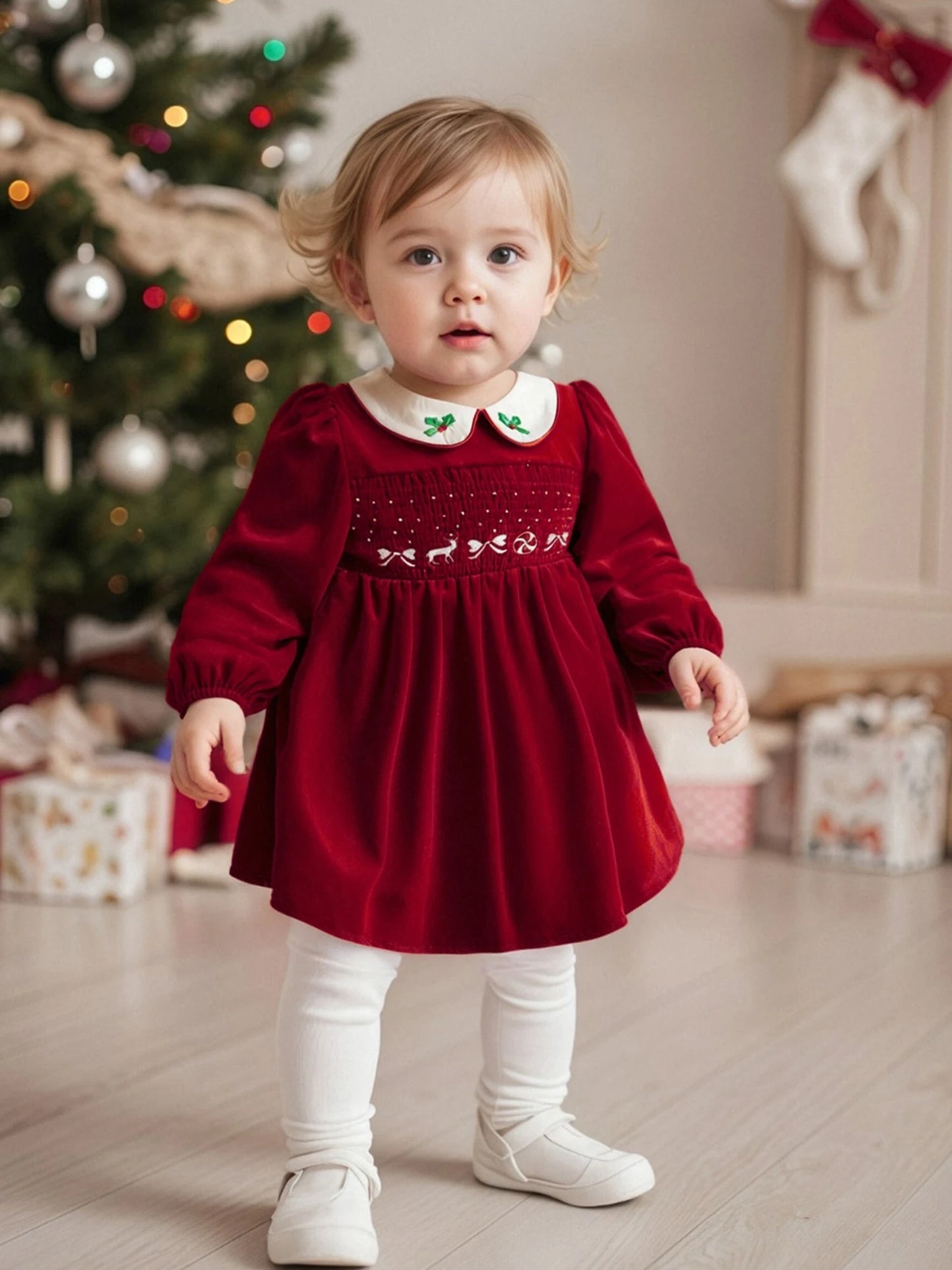 Little Girl's Velvet Christmas Dress - Deer Bow Holly Embroidered Smocked A-Line