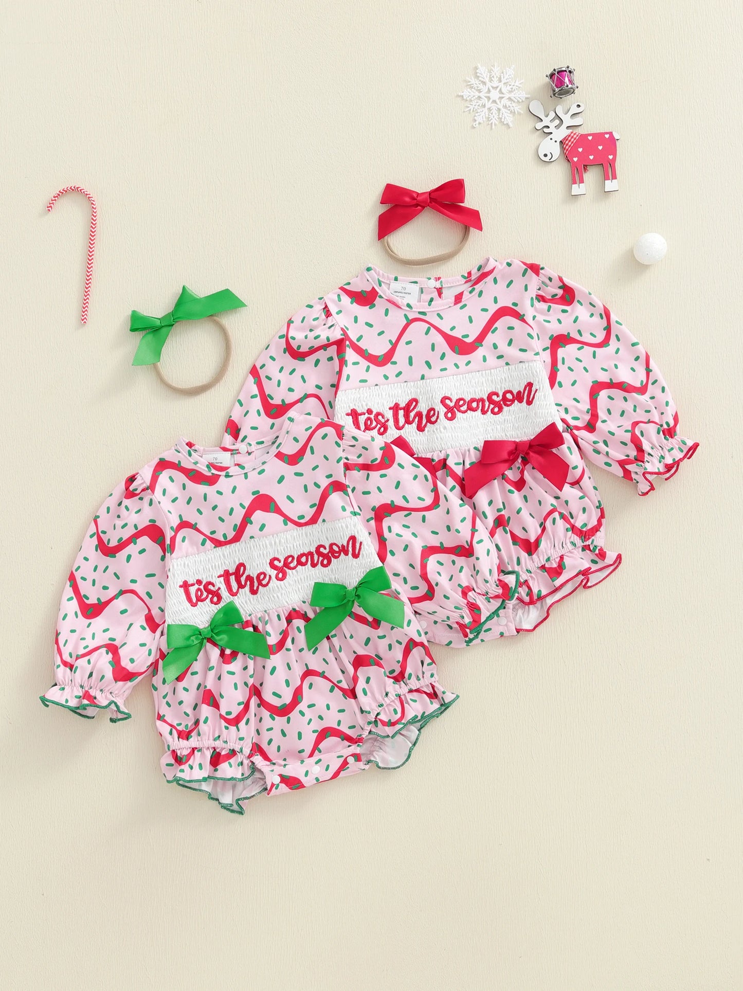 Baby Girls Christmas Romper Set - Letter Embroidery with Bow Headband