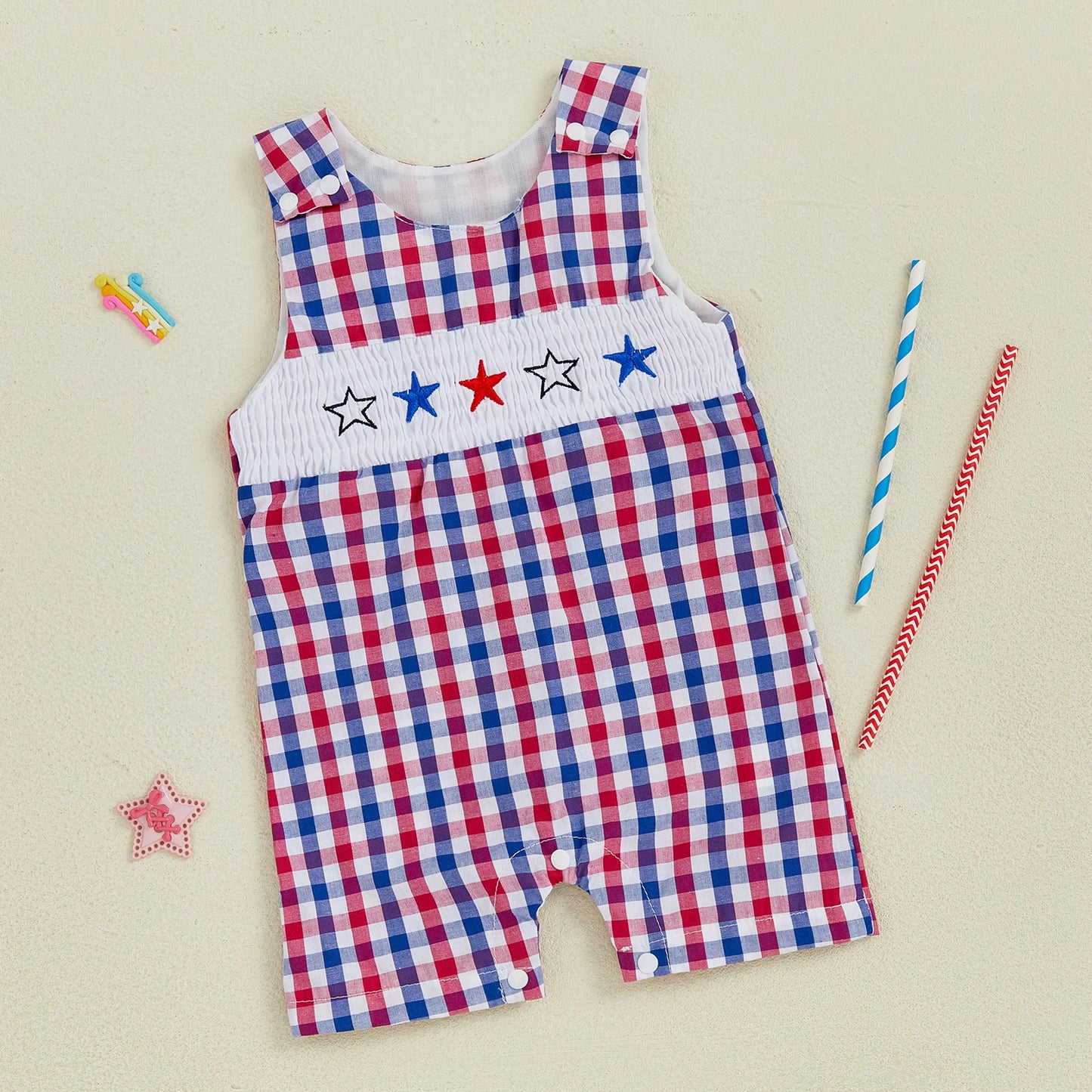 Baby Boys Independence Day Star Embroidered Romper - Plaid Print Sleeveless Overall (0-18M)