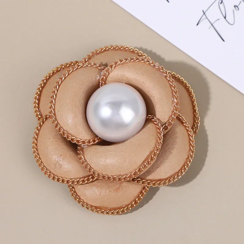 Elegant Fabric Camellia Flower Brooch - Pearl Crystal Lapel Pin for Women