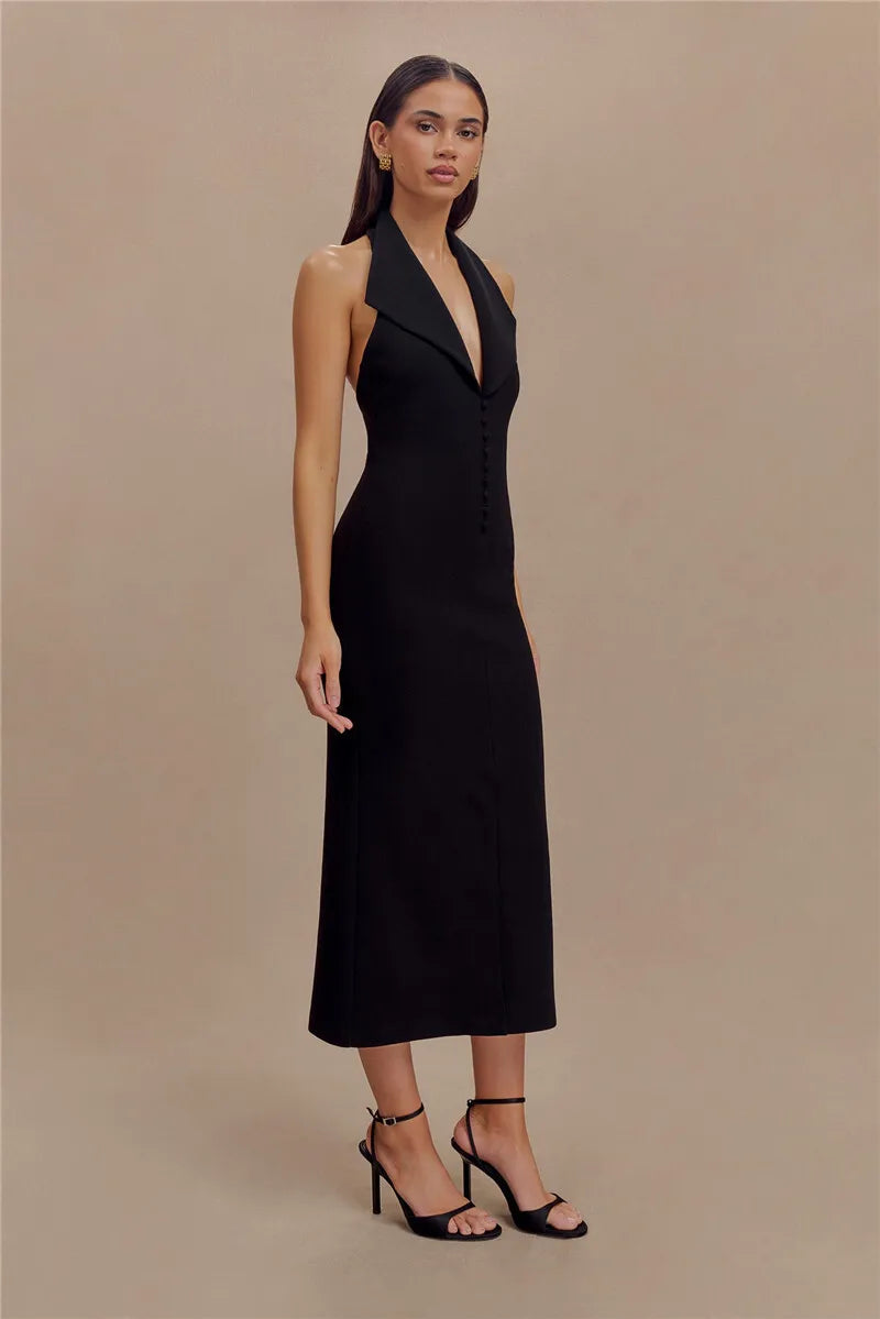 Women's Halter Deep V Neck Sleeveless Maxi Elegant Backless Bodycon Tank Long Dress