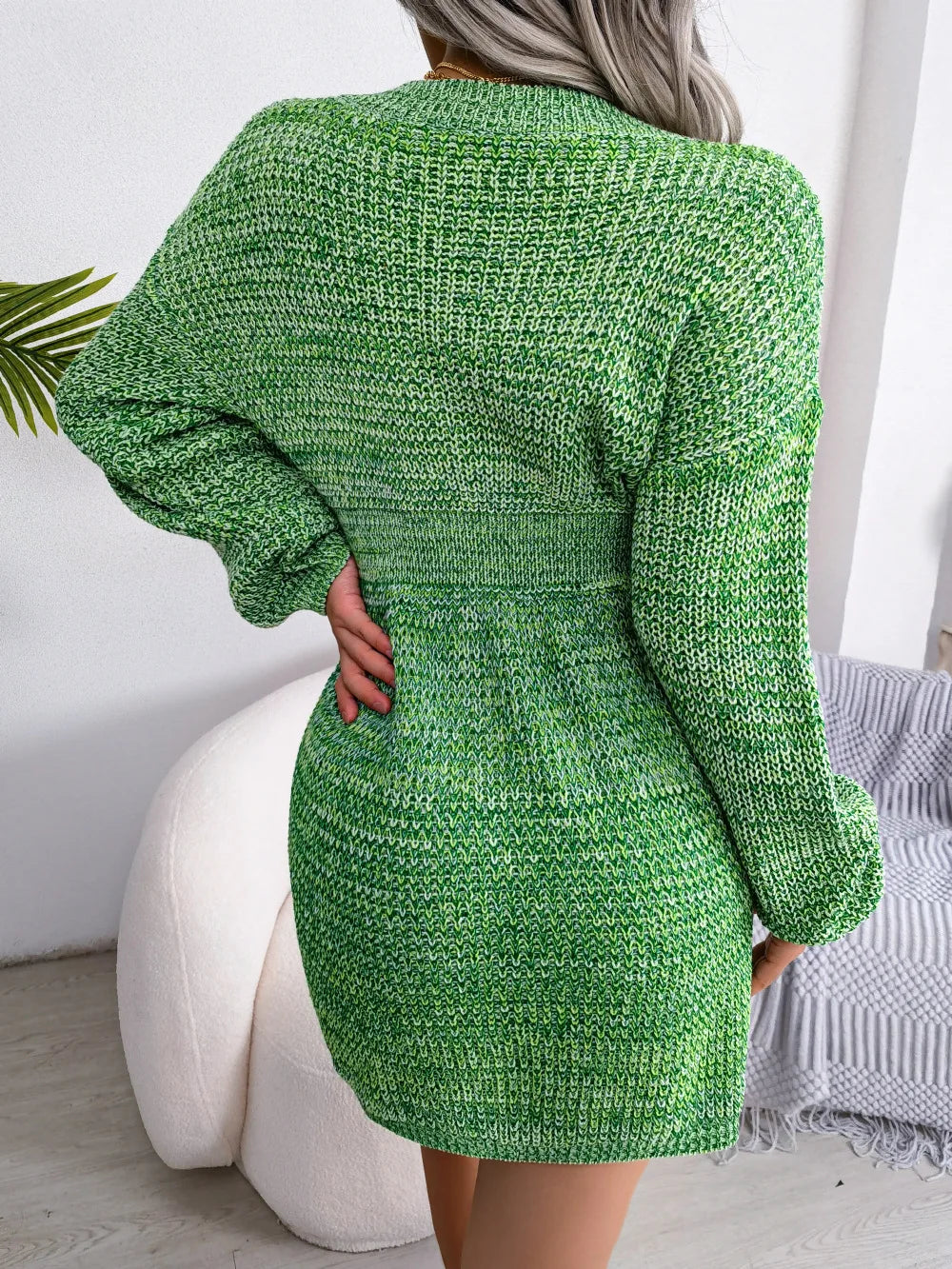 Women's Autumn Winter V Neck Lantern Sleeve Nipped High Waist Sweater Chic Knitted Dress