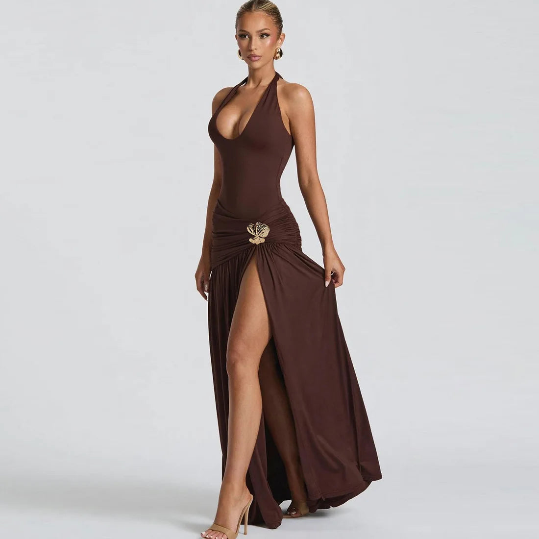 Women's Elegant Halter Ruched Split Maxi Dress - Sleeveless Backless Gown