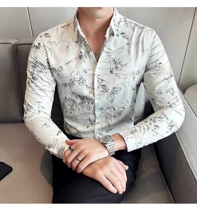 Men's Print Shirt - Slim Fit Long Sleeve Turn Down Collar Shirt