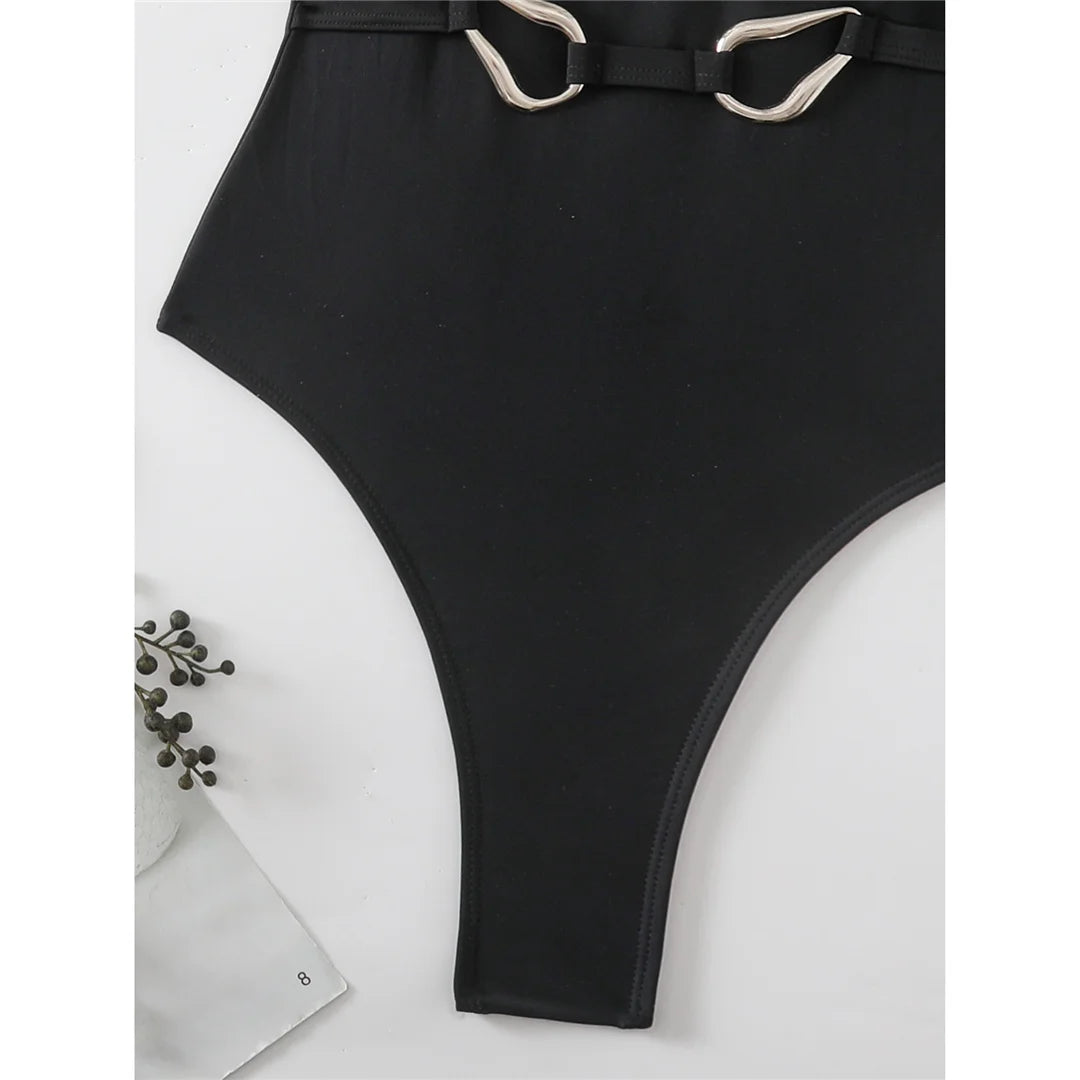 V-Neck Cross Back Metal Ring High Cut One Piece Swimsuit