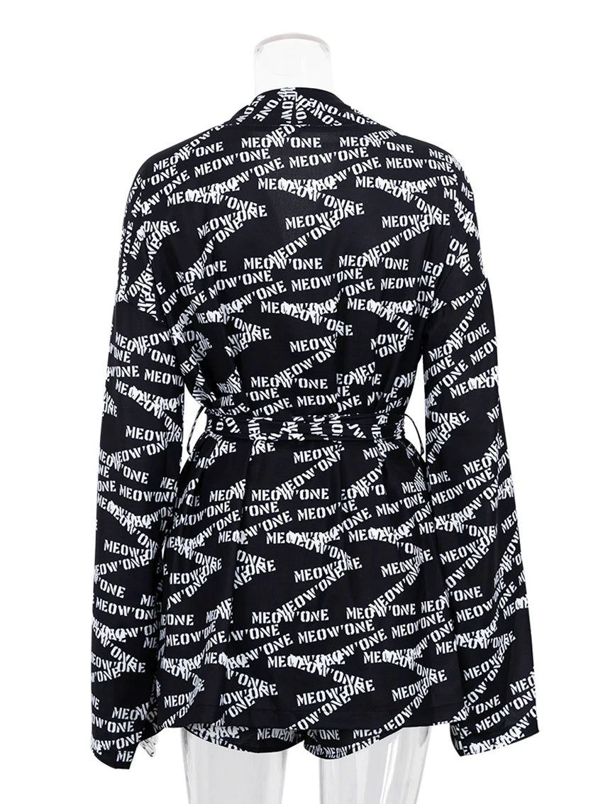 Women's Casual Print Pyjamas Lace-Up Long Sleeve Robes Shorts Sleepwear Set