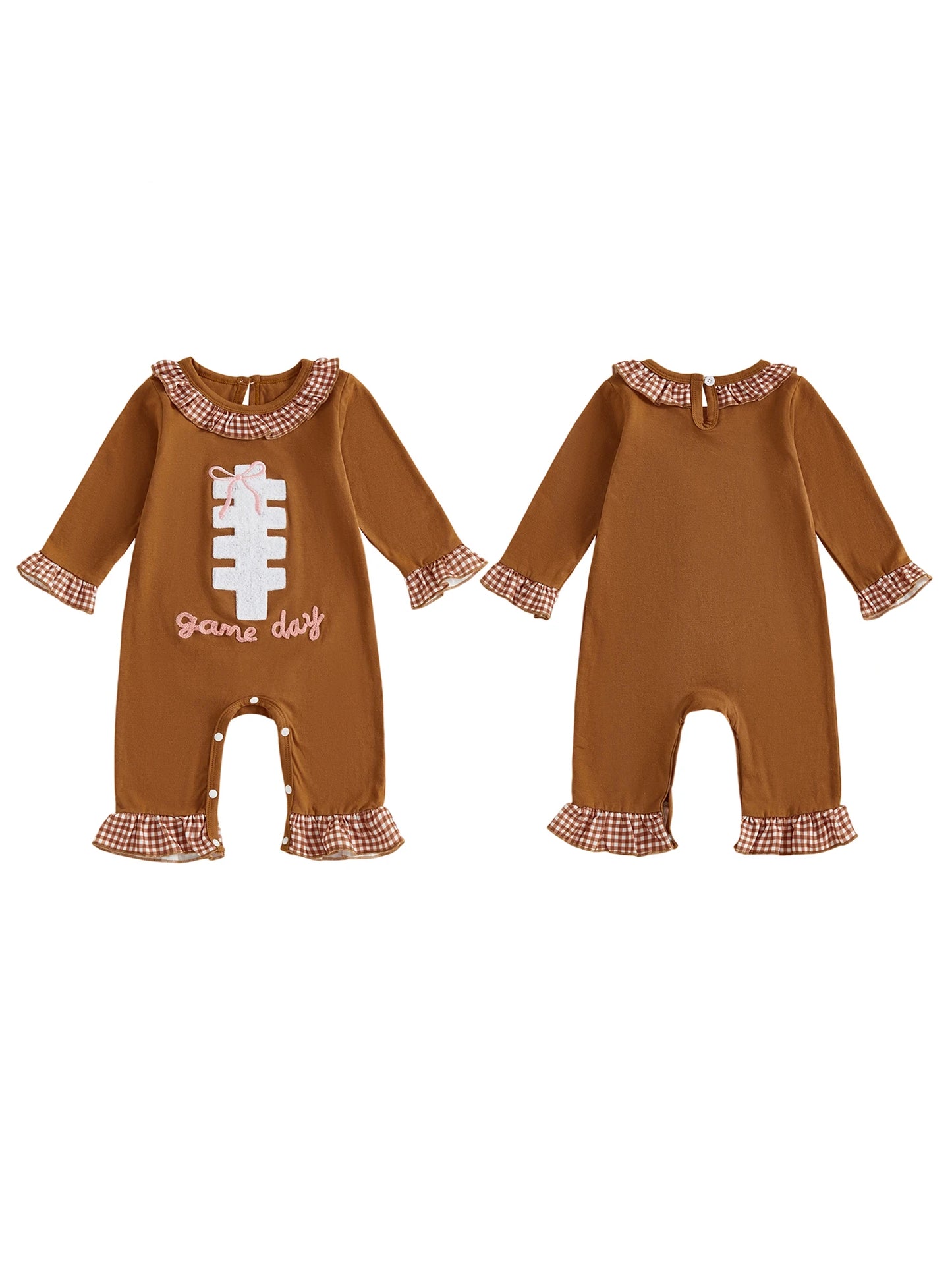 Baby Autumn Winter Romper - Plaid Print Football Embroidery Ruffled Jumpsuit (0-18M)