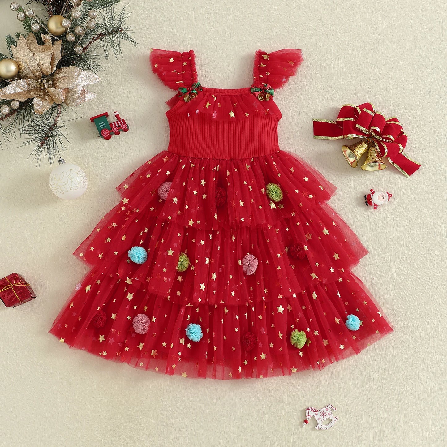Girl's Christmas Princess Dress - Star Ball Square Neck Layered Tulle A-Line