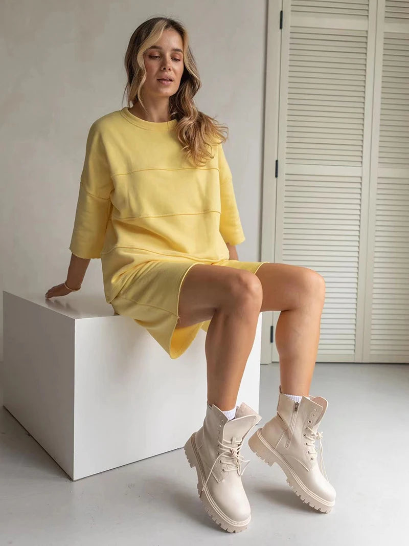 Women's 100% Cotton Shorts Set Half Sleeve Patchwork T Shirts & High Waist Shorts Two Pieces Set