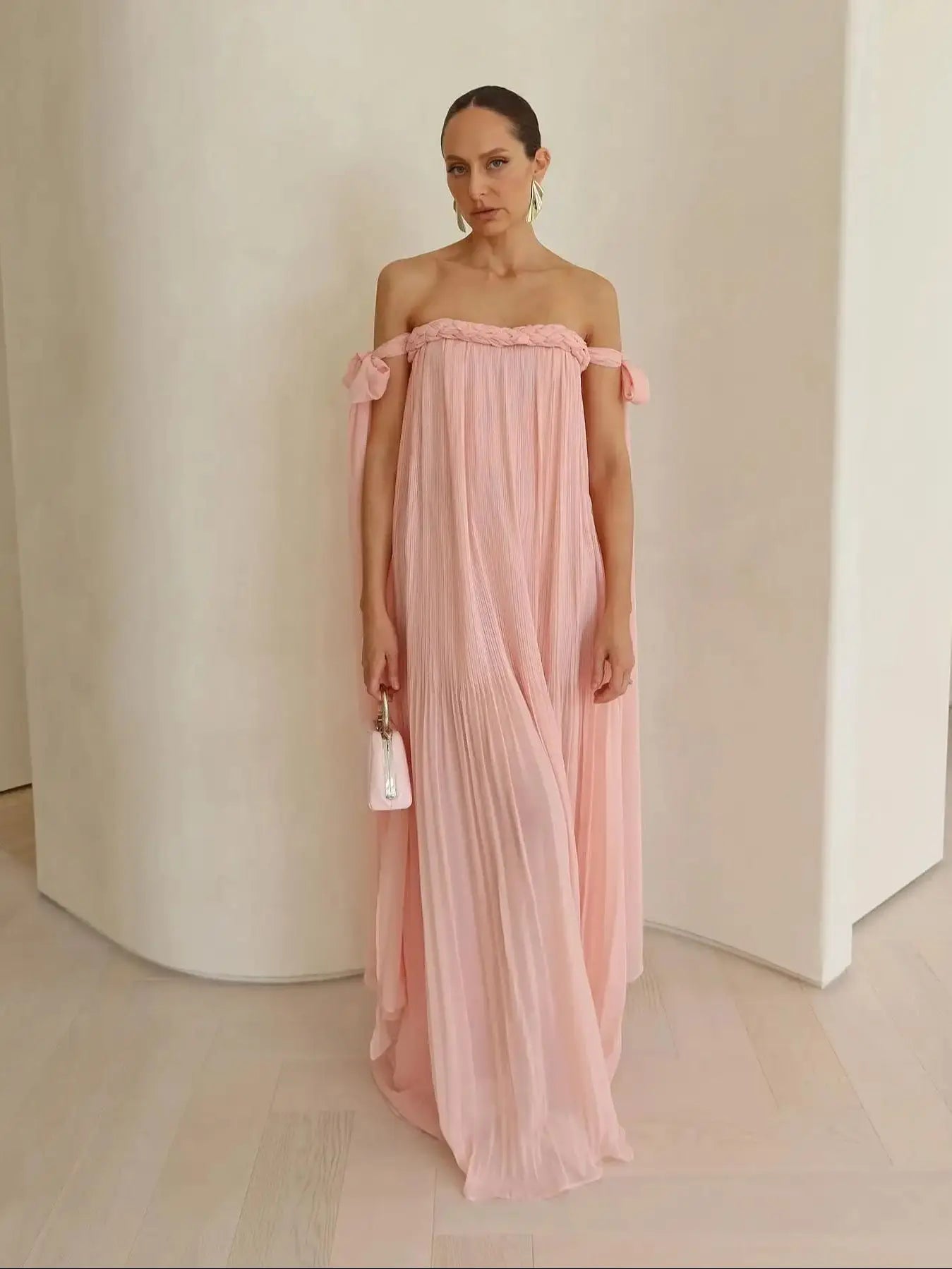 Off-Shoulder Braided Tie Maxi Dress - Pleated A-Line Summer Beach Dress