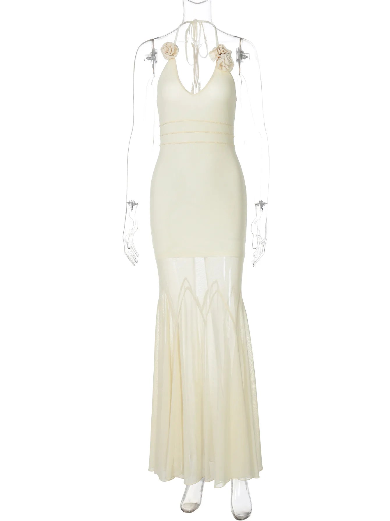 Women's Floral Applique Maxi Summer Halter Neck Plunge Backless Mesh Sheer Dress