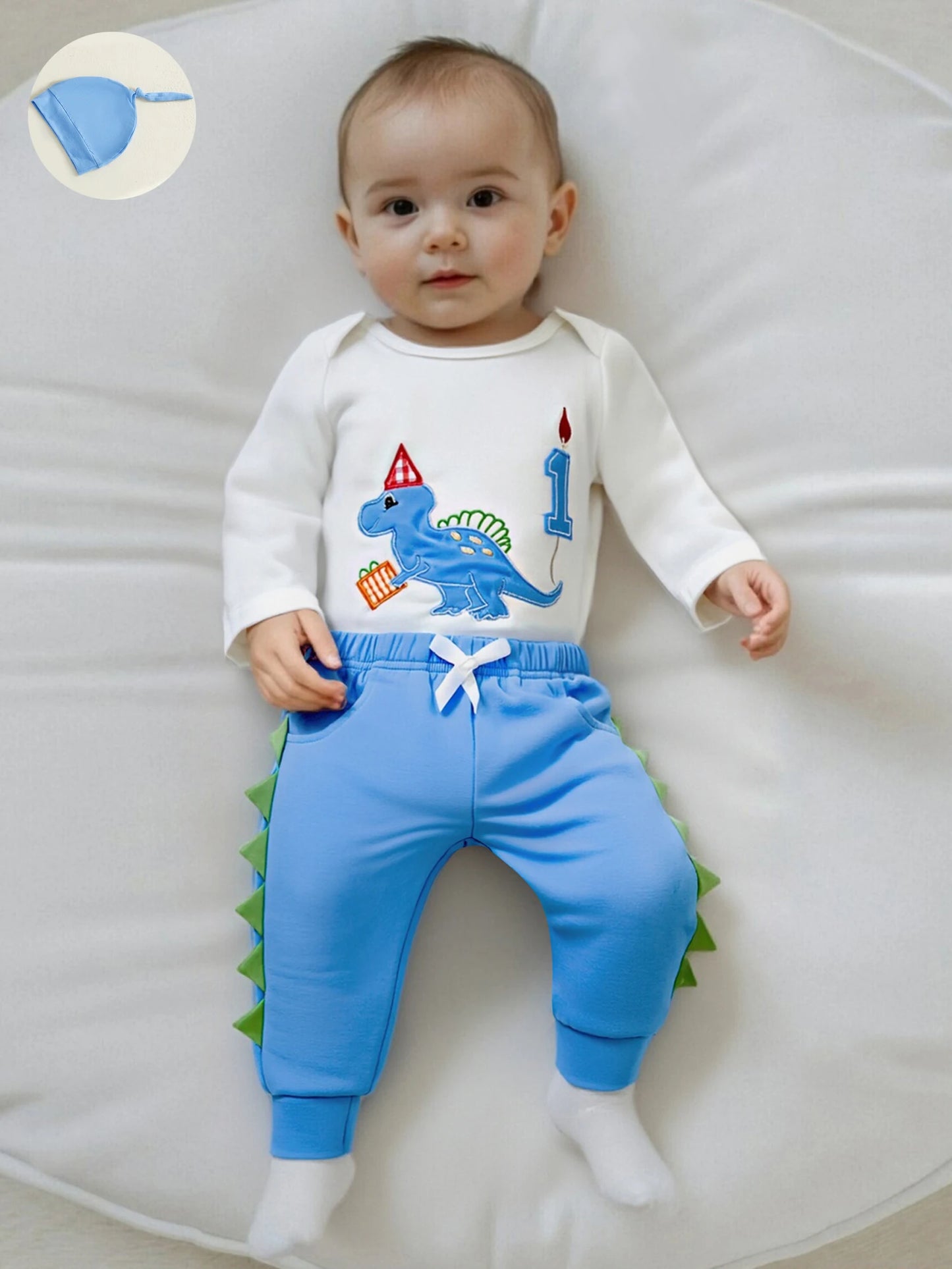 Newborn Baby Boys Birthday Clothing Set - Dinosaur Embroidery Romper, Pants & Hat 3-Piece (0-18M)