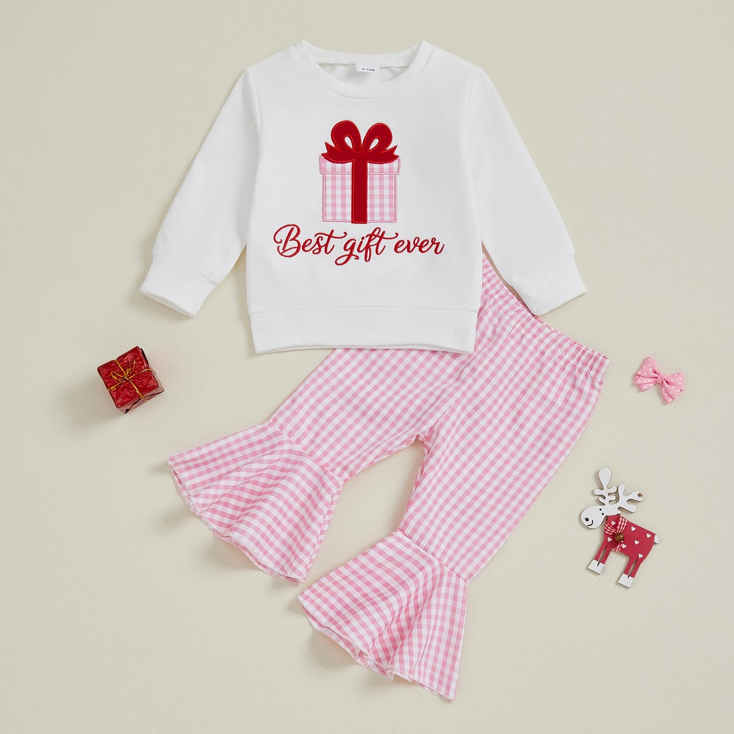 Baby Girls Christmas Tree Embroidered Sweatshirt & Plaid Bell Bottoms Set (0-4Y)