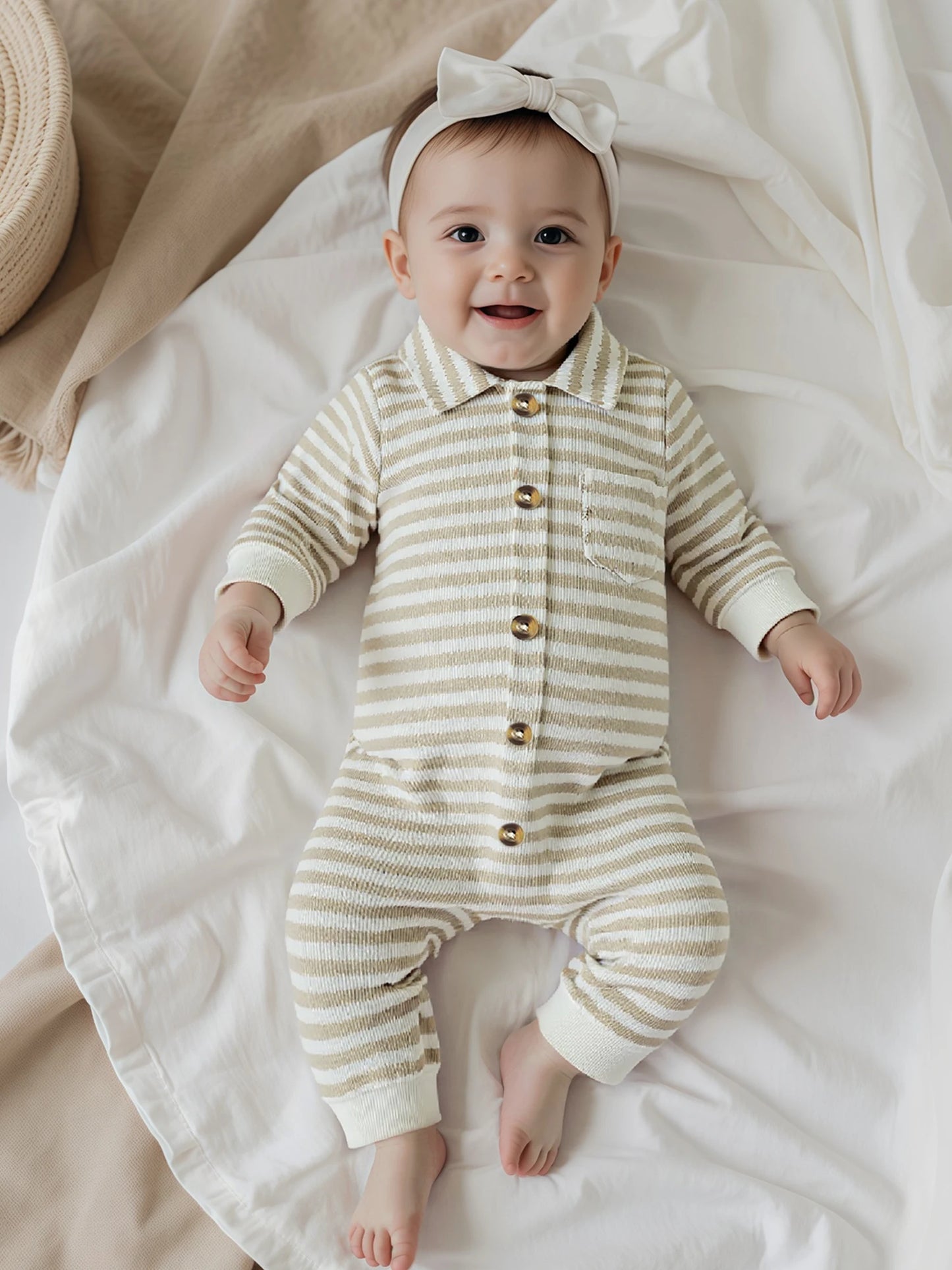 Newborn Baby Fall Winter Jumpsuit Set - Striped Turn-Down Collar Romper & Pants (0-18M)
