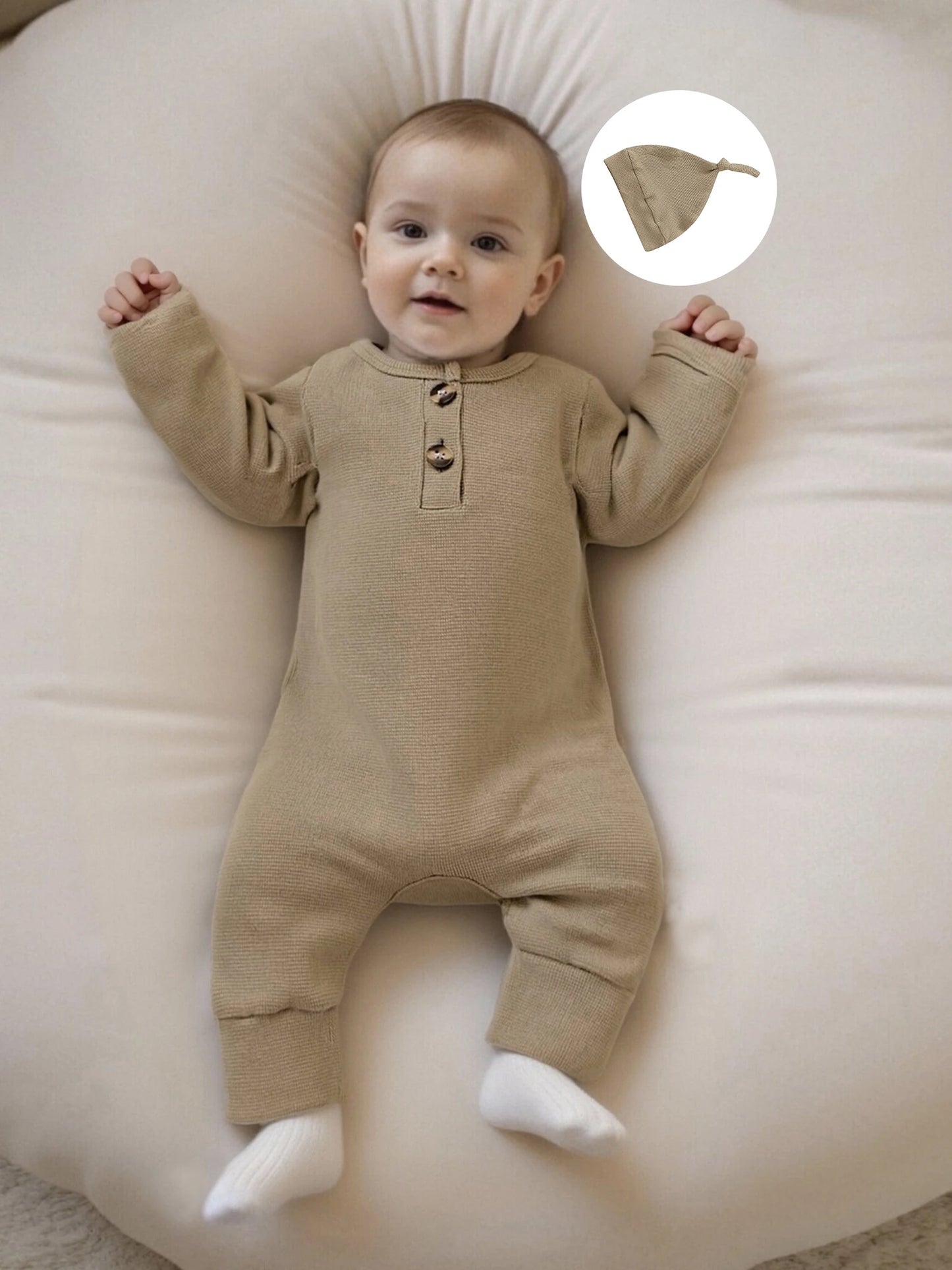 Newborn Baby Fall Winter Romper - Long Sleeve Solid Jumpsuit with Hat (0-6M)