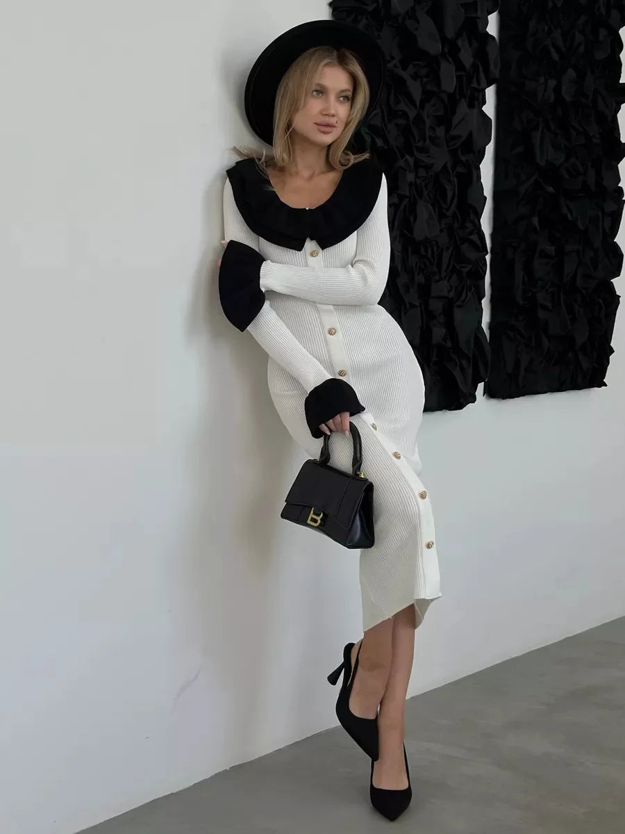 Women's Knitted Long Splice Contrast Colour Bodycon Sweater Elegant Flare Sleeve Dress
