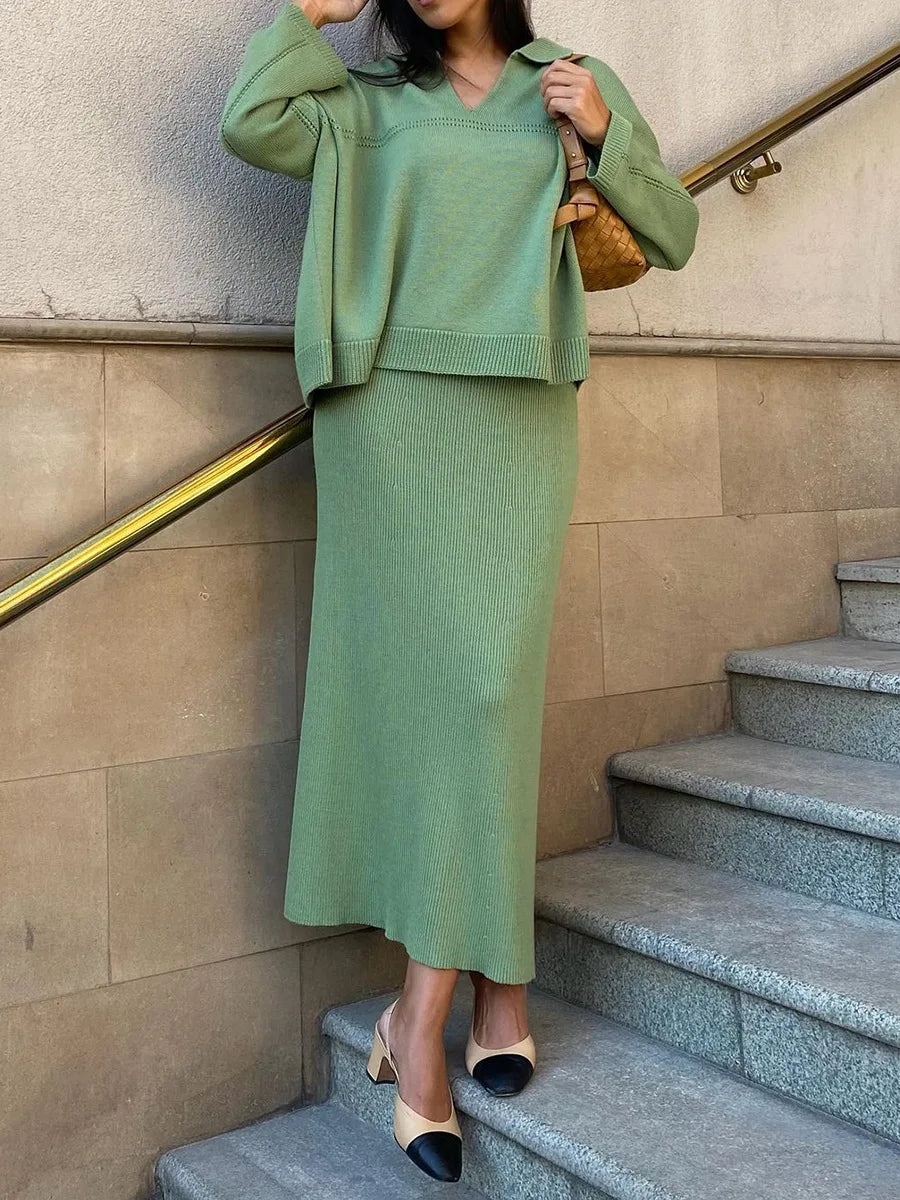 Women's Loose Sweater V-Neck Knit Pullover Top and Long High Waist Skirt 2 Piece Set