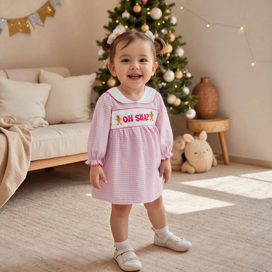 Lovely Girls Christmas Plaid Dress with Gingerbread Embroidery (1-6Y)