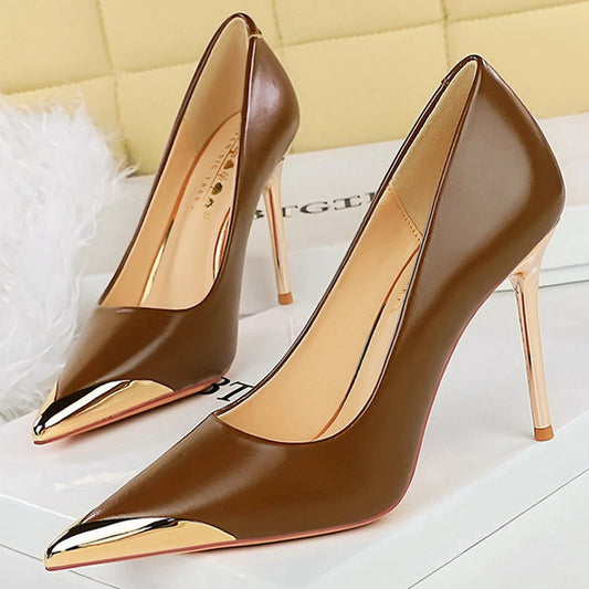 Women's Retro High Heels Metal Pointed Tip Pumps Stiletto 9.5 Cm And 4.5cm Heels Party Shoes