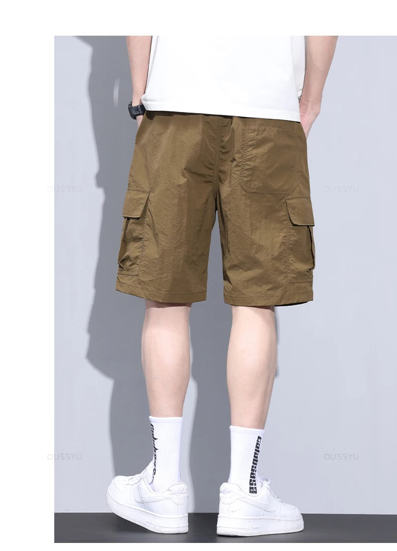 Summer Ultrathin Shorts Pants Men Cargo Work Side Pockets Joggers Grey Bermuda Knee Beach Nylon Short Pant Male Big Size M-5XL