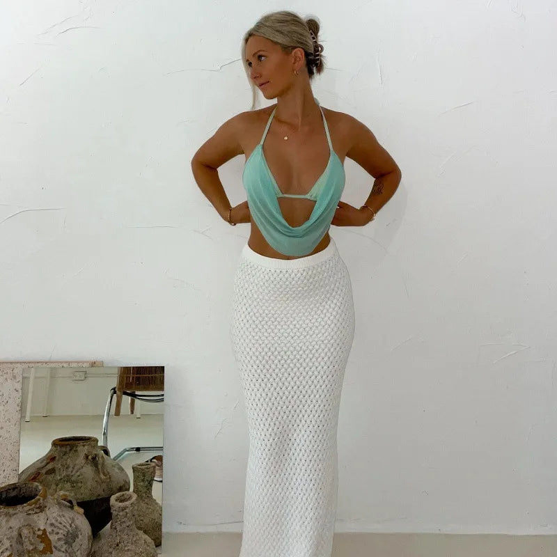 Summer Halter Crop Top - Mesh Draped Neckline Backless Streetwear Vest
