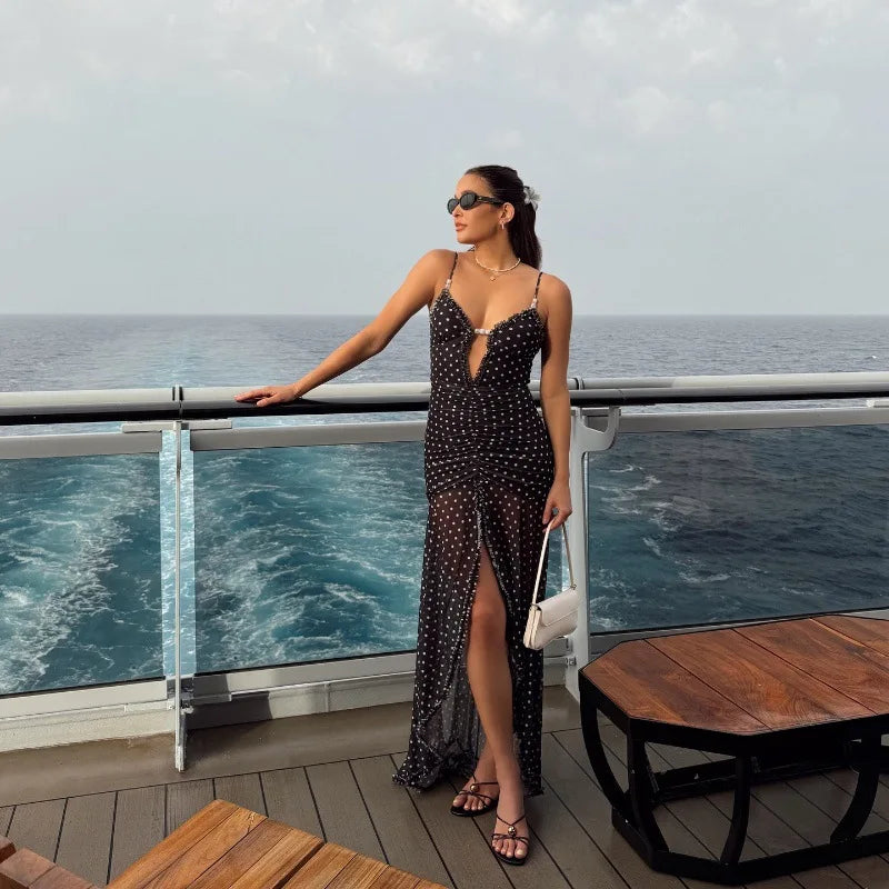 Women's Summer Boho Polka Dot Split Dress - V-Neck Backless Holiday Dress