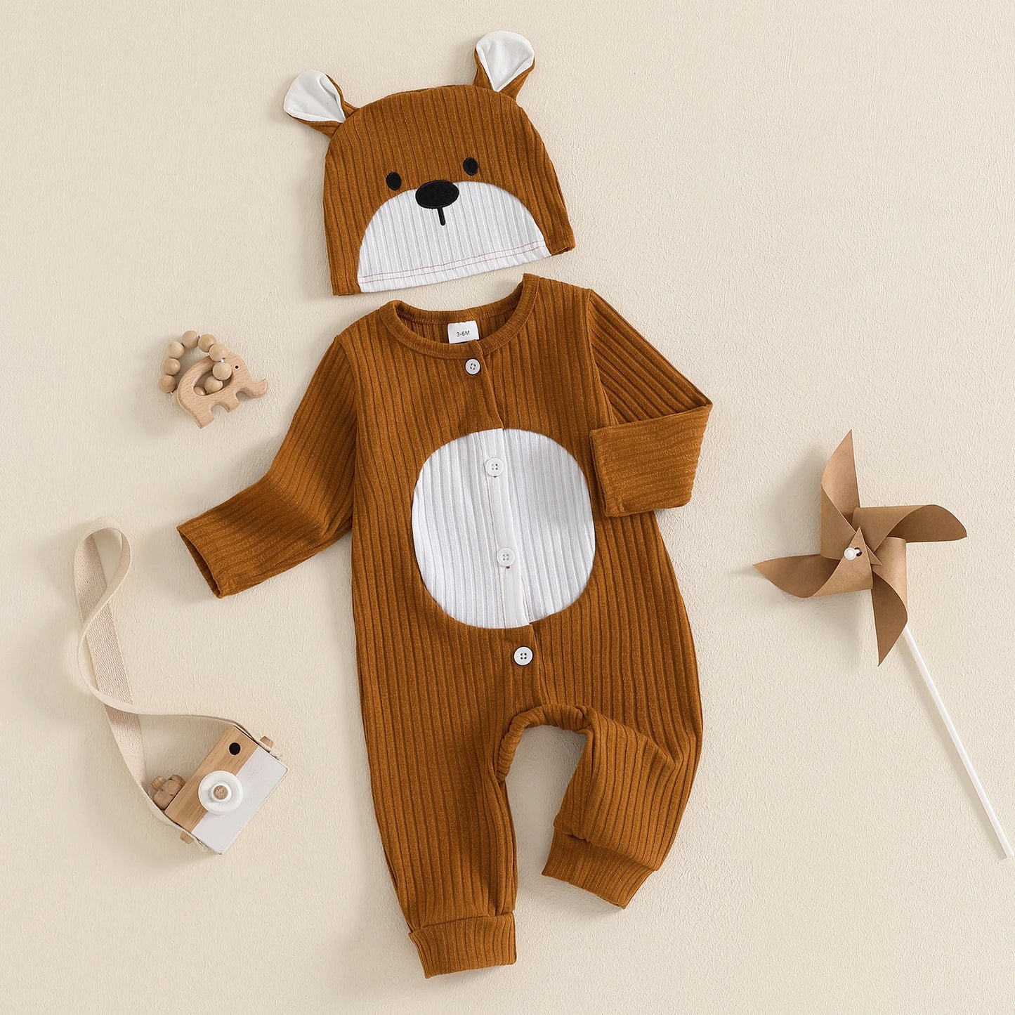 0-18M Newborn Baby Boys Romper Animal Cartoon Print Long Sleeve Crew Neck Full Length Button Down Jumpsuit with Hat