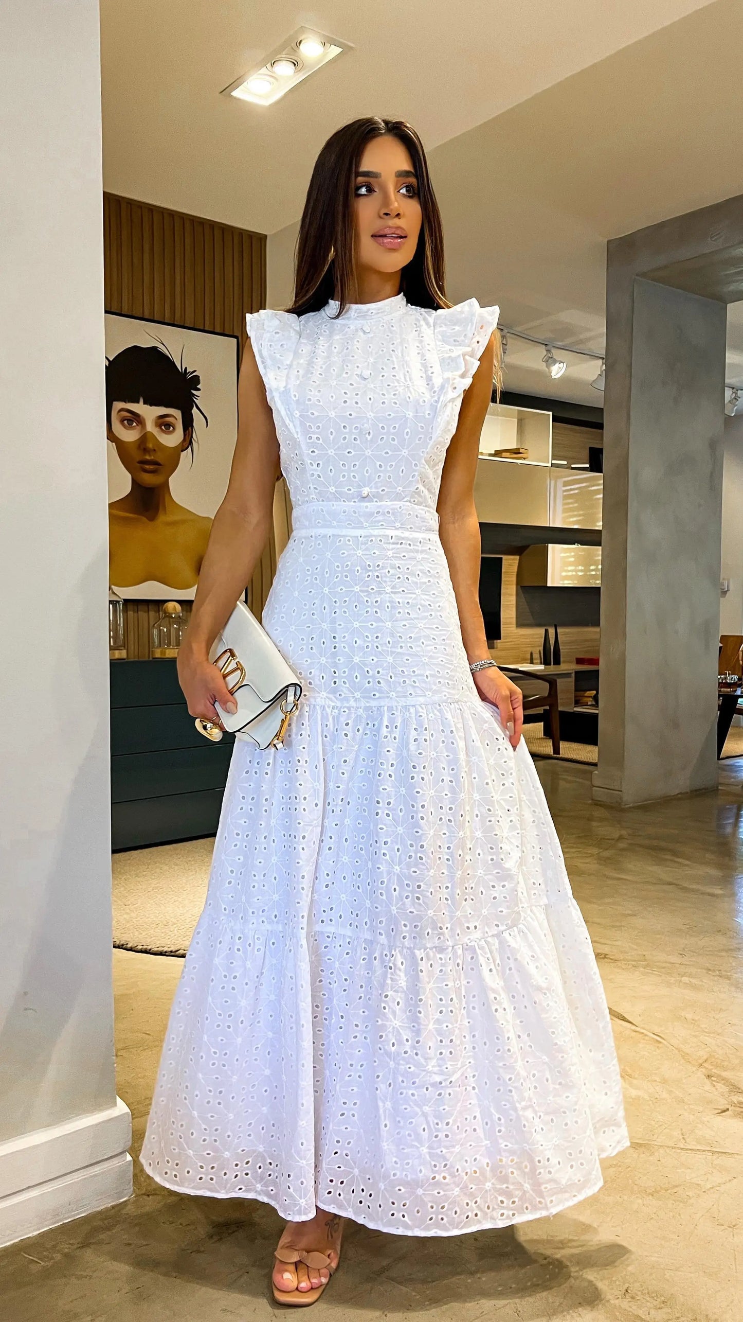 Women's Bohemian Hollow Out Elegant Round Neck Flying Sleeve Button Long Summer Dress