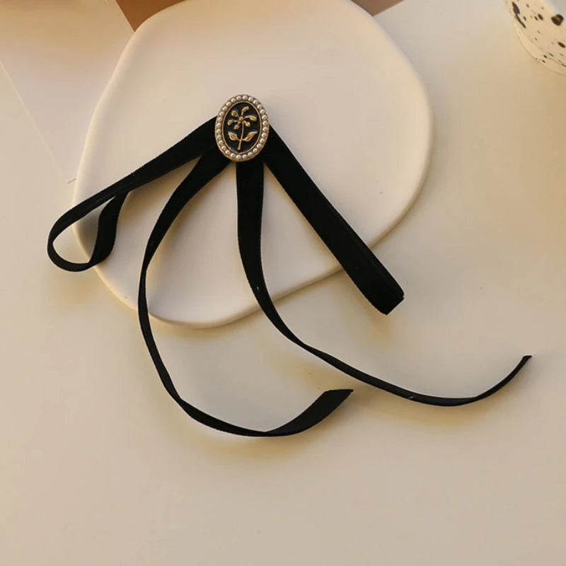 Anime Style Velvet Bow Pearl Brooch - Sweet Academic Pin for Girls