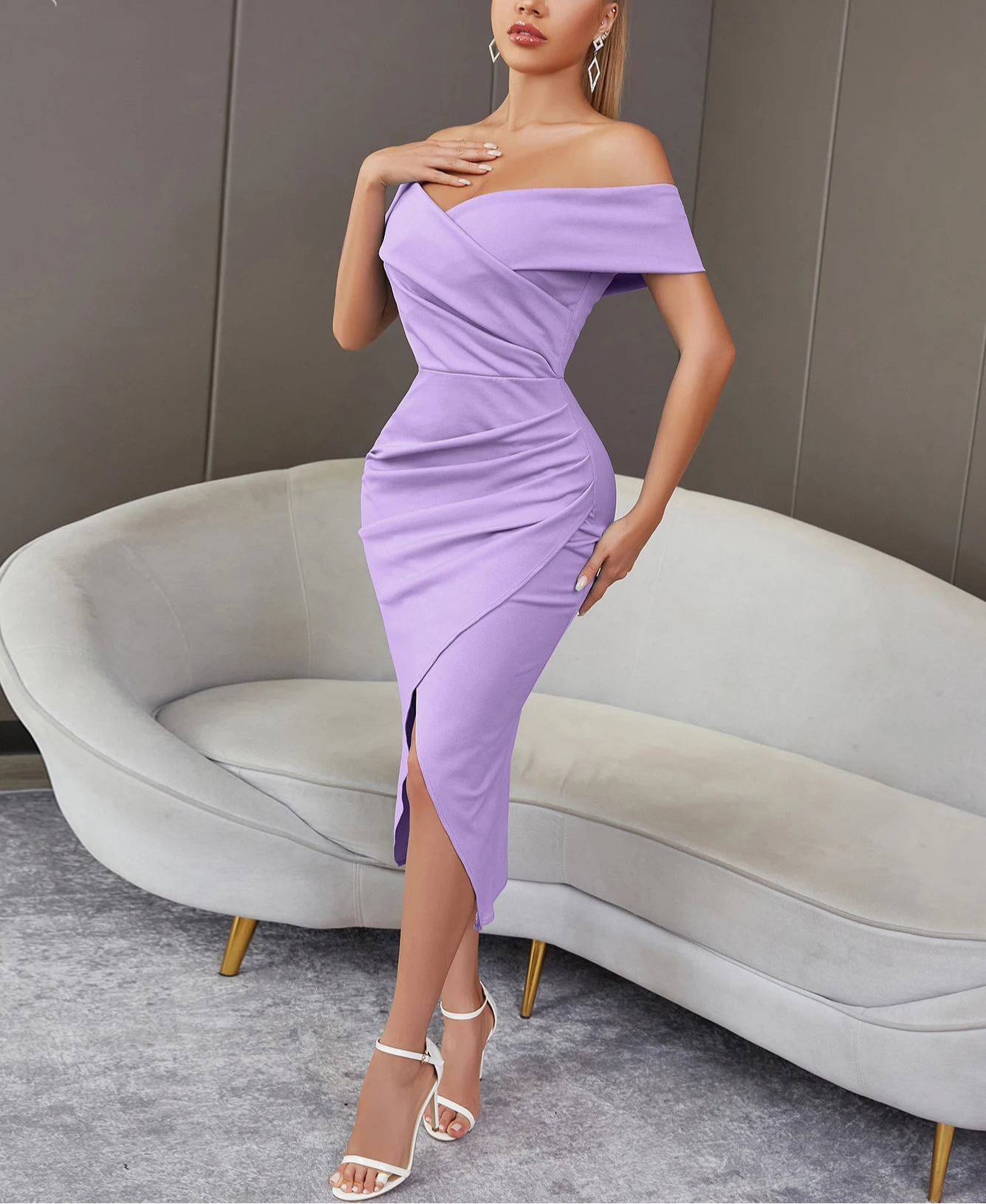 Women's Summer Midi Off Shoulder Draped Party Dress