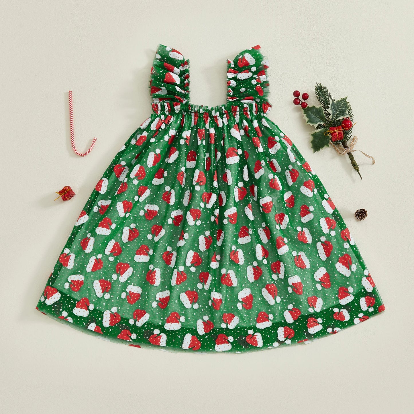 Toddler Girls' Christmas Tulle Dress - Santa Hat Print Sleeveless A-Line Party Dress