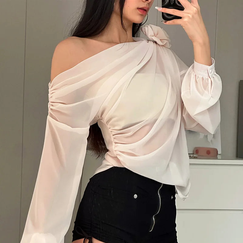 Women's Folds Flower Cover Up Mesh Sheer Long Sleeve Oversized See Through Cover-up Shirt