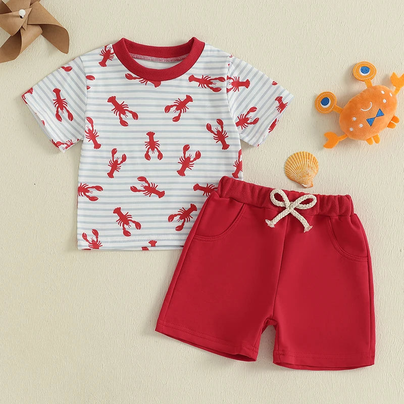 Baby Boys Striped Lobster Print Summer Set - T-Shirt & Solid Shorts (0-3Y)