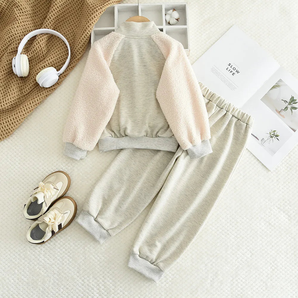 Children's Boy's Girl's Wool Patchwork Long Sleeves Sweatshirt and Pants Zipper Set