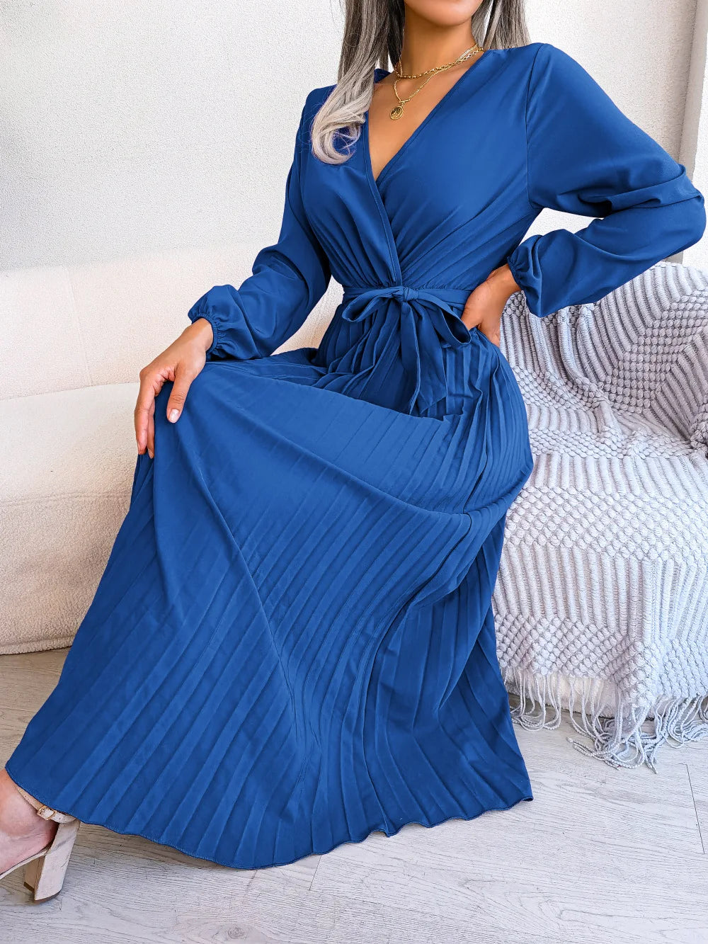 Women's Spring Summer Cross V Neck Large Hem Pleated Long Dress