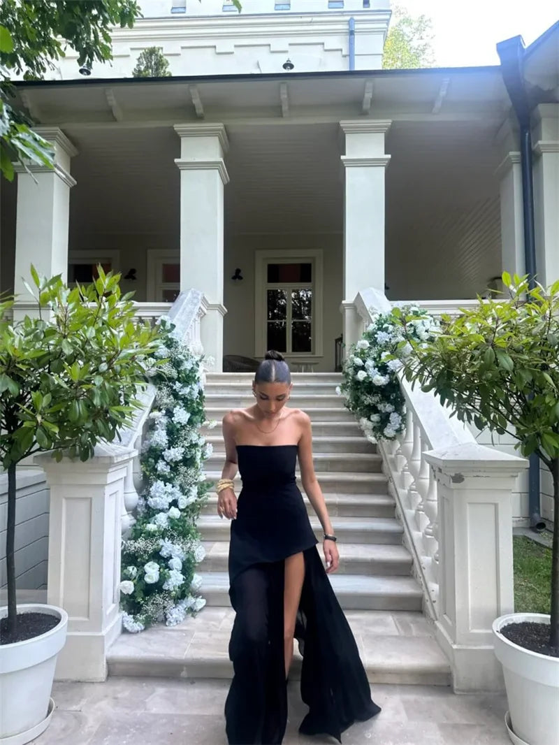 Women's Elegant Strapless Maxi Gown With Scarf Off-shoulder Sleeveless Backless Split Beach Long Dress